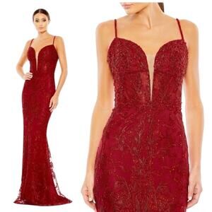 Mac Duggal Red Embellished Plunge Neck Illusion Mermaid Gown 20330 Size 2 NWT